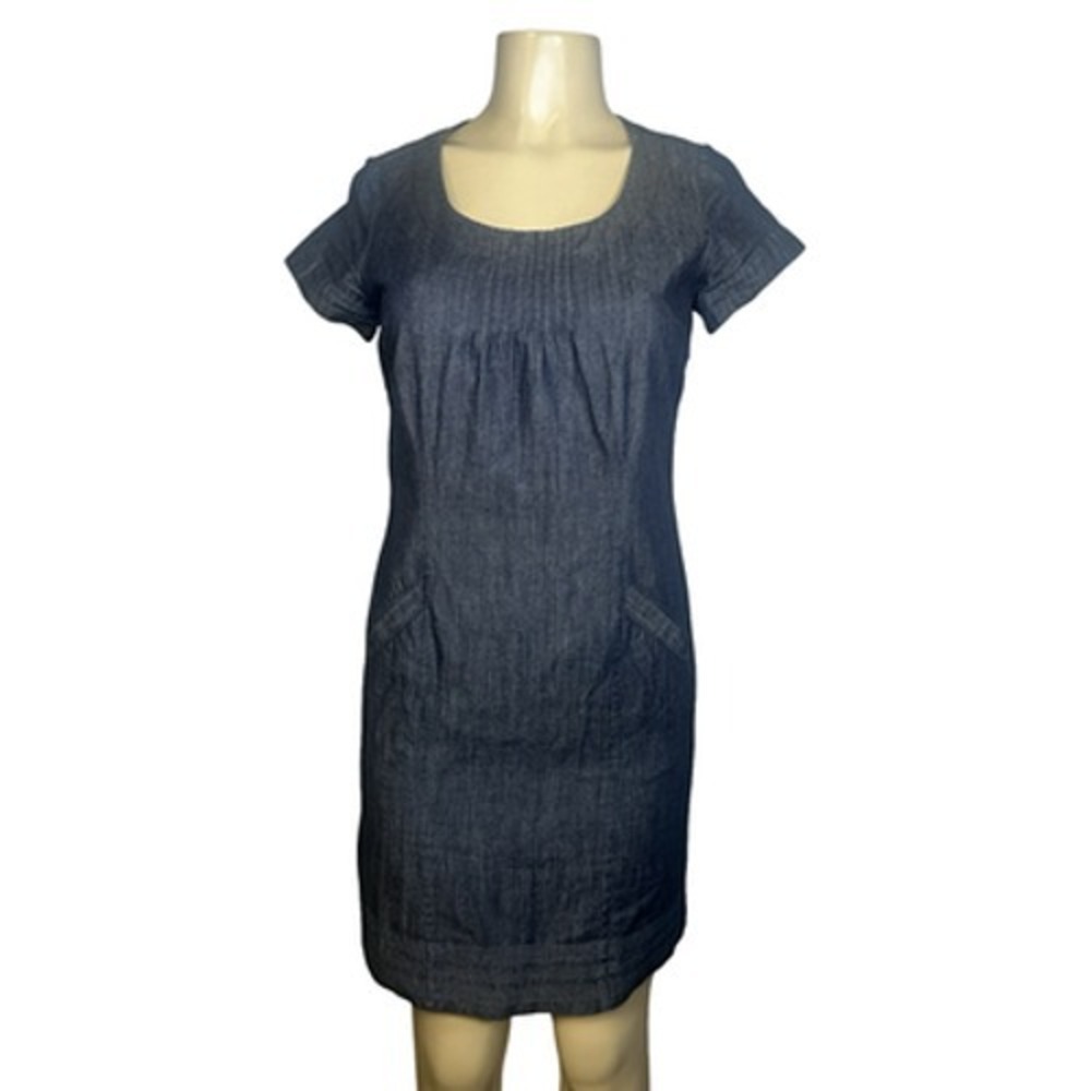 Boden Dress Womens 4 Blue Denim Short Sleeve Scoop Neck Shift Lined Pintuck‎
